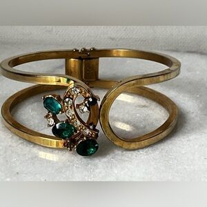 Vintage 50s Gold tone Green blue clear Rhinestones Cuff Bracelet..